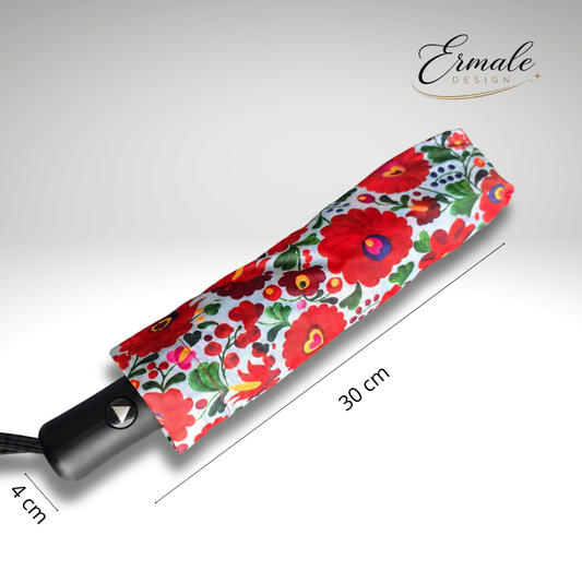 Eleganter Taschenschirm mit traditioneller ungarischer Stickerei - Rote Blütenpracht
