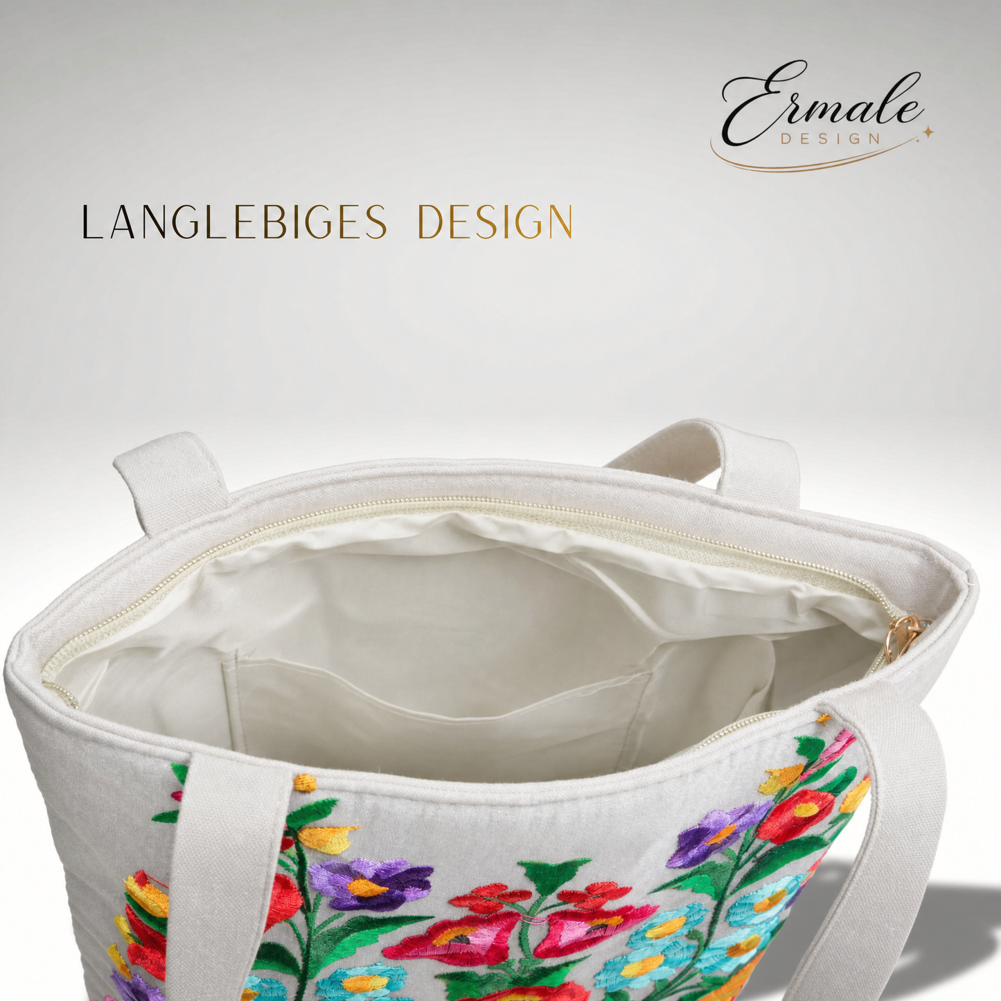 Ermale Design – Handtasche mit Blumen-Stickerei | Ungarisches Kunsthandwerk | 34×34×9 cm großblumig