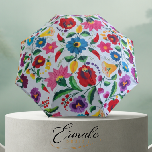 Eleganter Taschenschirm mit traditioneller ungarischer Stickerei - Bunte Blumenwiese