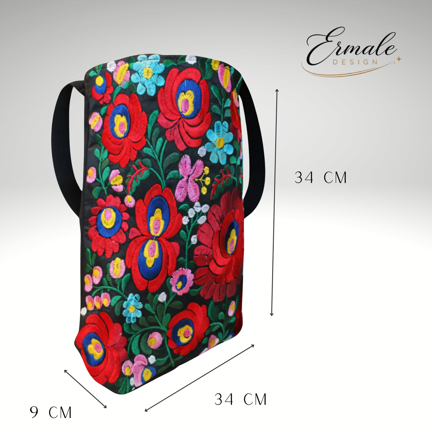 Ermale Design – Handtasche mit Blumen-Stickerei | Ungarisches Kunsthandwerk | 34×34×9 cm mittelblumig