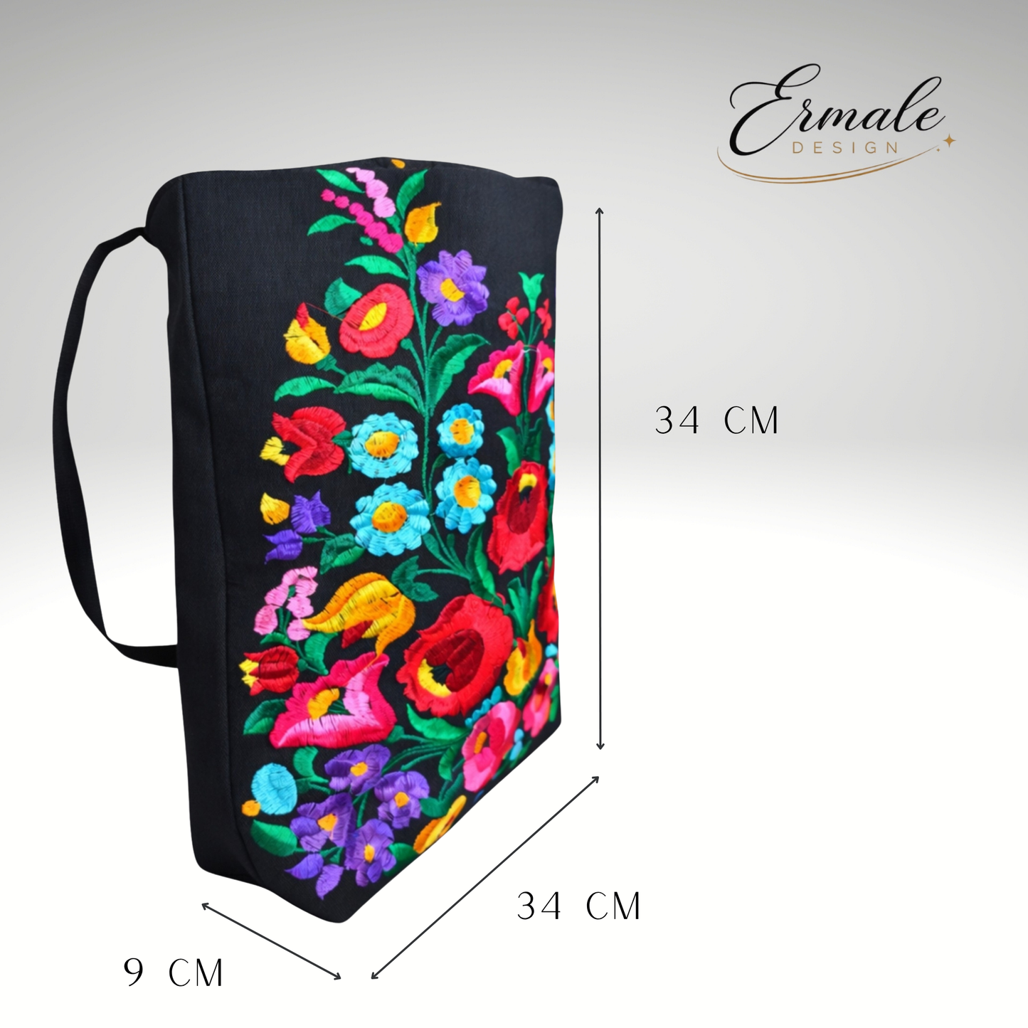 Ermale Design – Handtasche mit Blumen-Stickerei | Ungarisches Kunsthandwerk | 34×34×9 cm großblumig