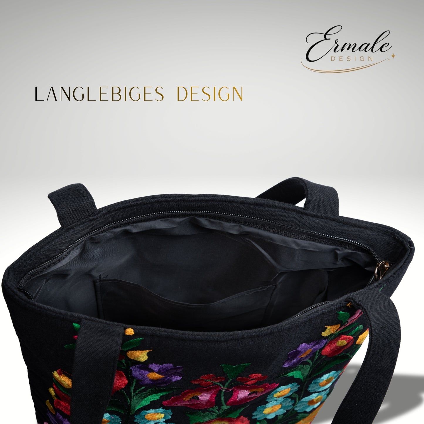 Ermale Design – Handtasche mit Blumen-Stickerei | Ungarisches Kunsthandwerk | 34×34×9 cm mittelblumig