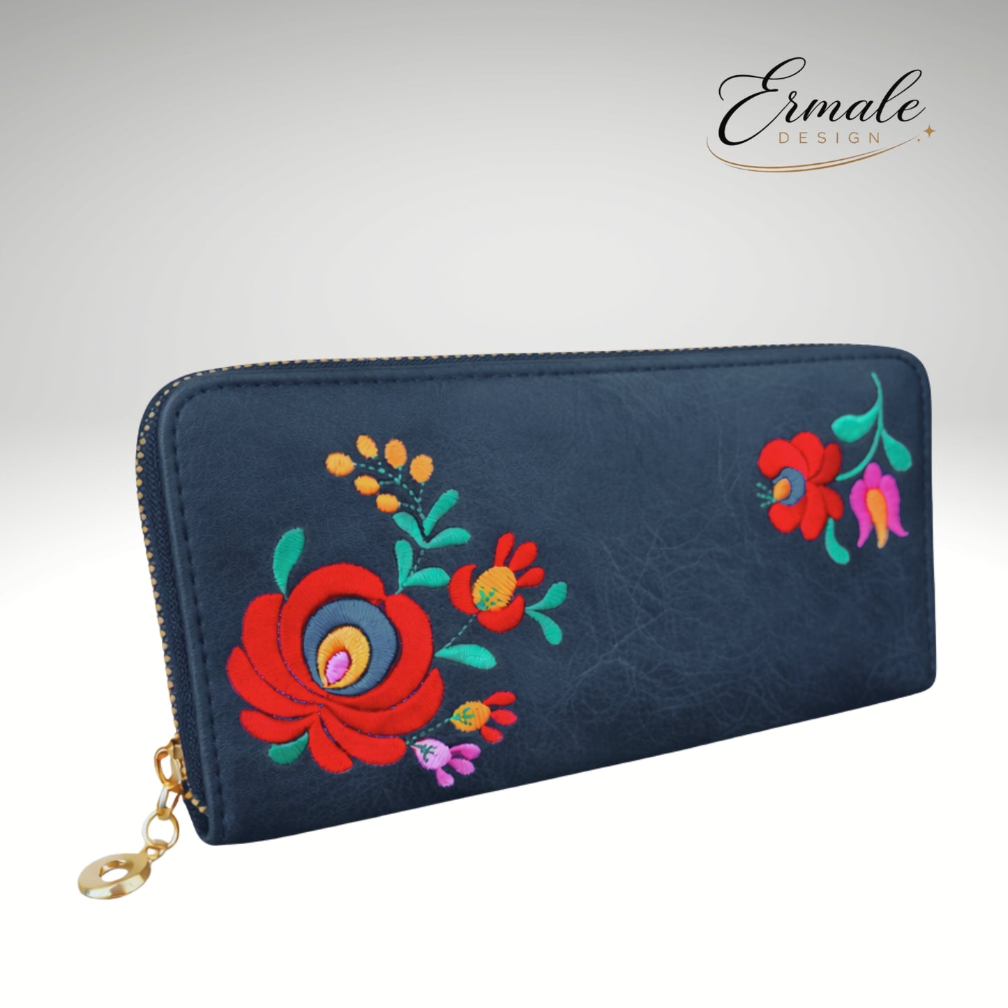 Ermale Design – Geldbörse mit Blumen-Stickerei | 5 Farben | 20×11×2 cm Blau