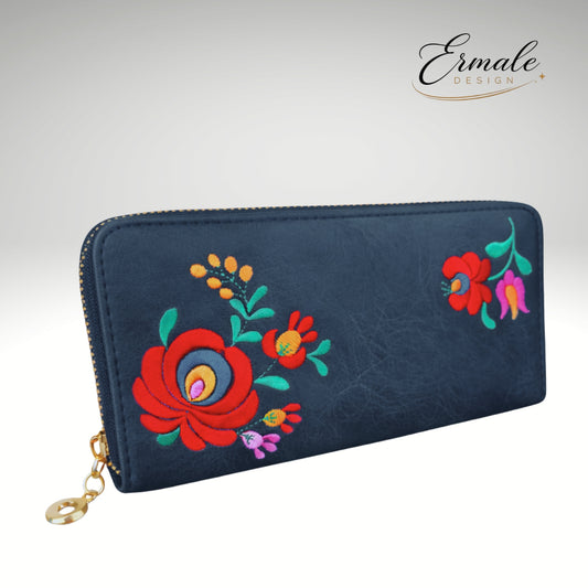 Ermale Design – Geldbörse mit Blumen-Stickerei | 5 Farben | 20×11×2 cm Blau