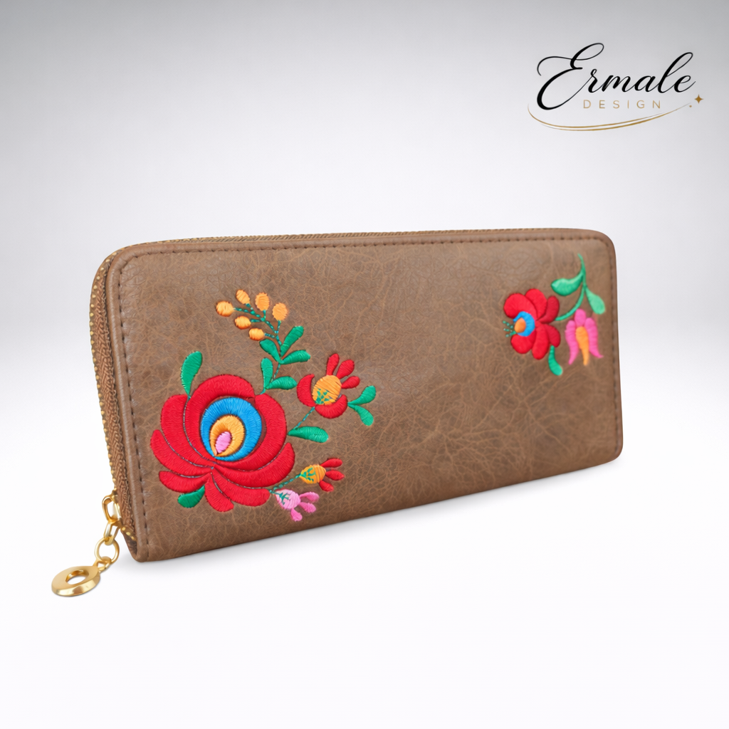 Ermale Design – Geldbörse mit Blumen-Stickerei | 5 Farben | 20×11×2 cm Braun