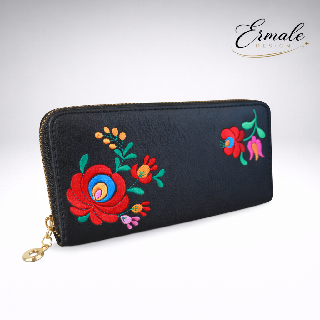Ermale Design – Geldbörse mit Blumen-Stickerei | 5 Farben | 20×11×2 cm Schwarz