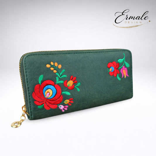 Ermale Design – Geldbörse mit Blumen-Stickerei | 5 Farben | 20×11×2 cm Grün