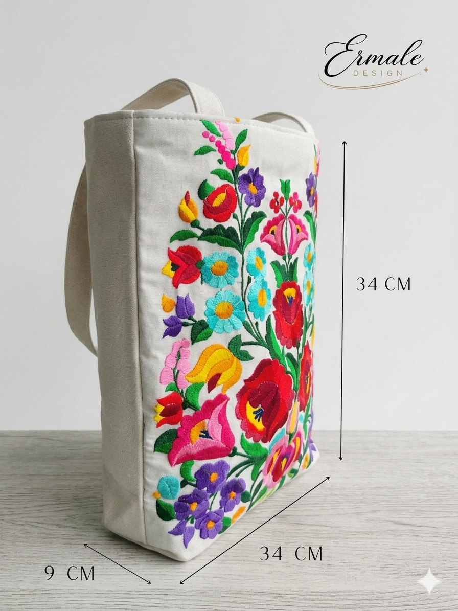 Ermale Design – Handtasche mit Blumen-Stickerei | Ungarisches Kunsthandwerk | 34×34×9 cm großblumig