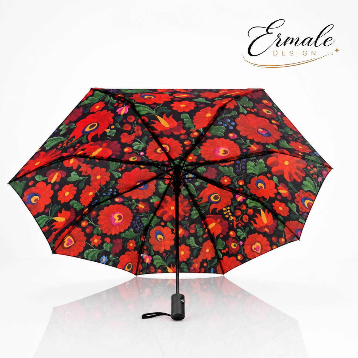 Eleganter Taschenschirm mit traditioneller ungarischer Stickerei - Mitternachtsblüte