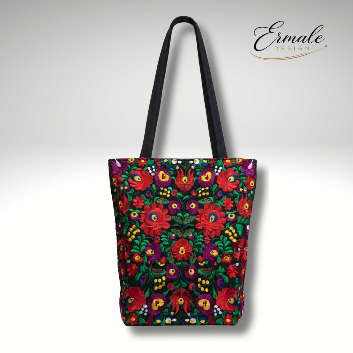 Ermale Design – Handtasche mit Blumen-Stickerei | Ungarisches Kunsthandwerk | 34×34×9 cm kleinblumig