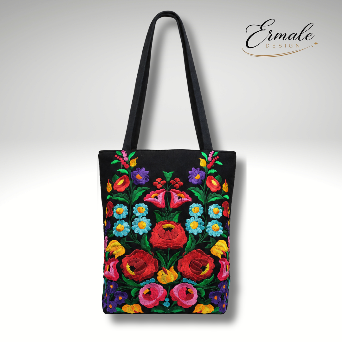 Ermale Design – Handtasche mit Blumen-Stickerei | Ungarisches Kunsthandwerk | 34×34×9 cm großblumig