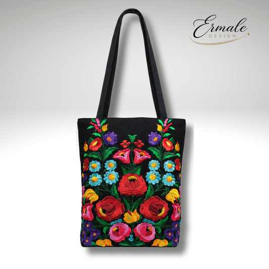 Ermale Design – Handtasche mit Blumen-Stickerei | Ungarisches Kunsthandwerk | 34×34×9 cm großblumig
