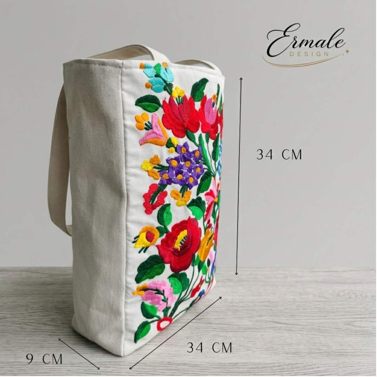 Ermale Design – Handtasche mit Blumen-Stickerei | Ungarisches Kunsthandwerk | 34×34×9 cm kleinblumig