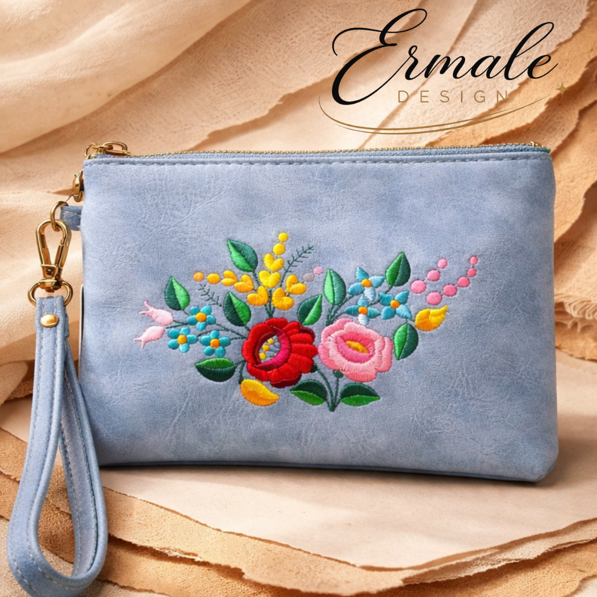 Kosmetiktasche mit ungarischer Stickerei - Blau