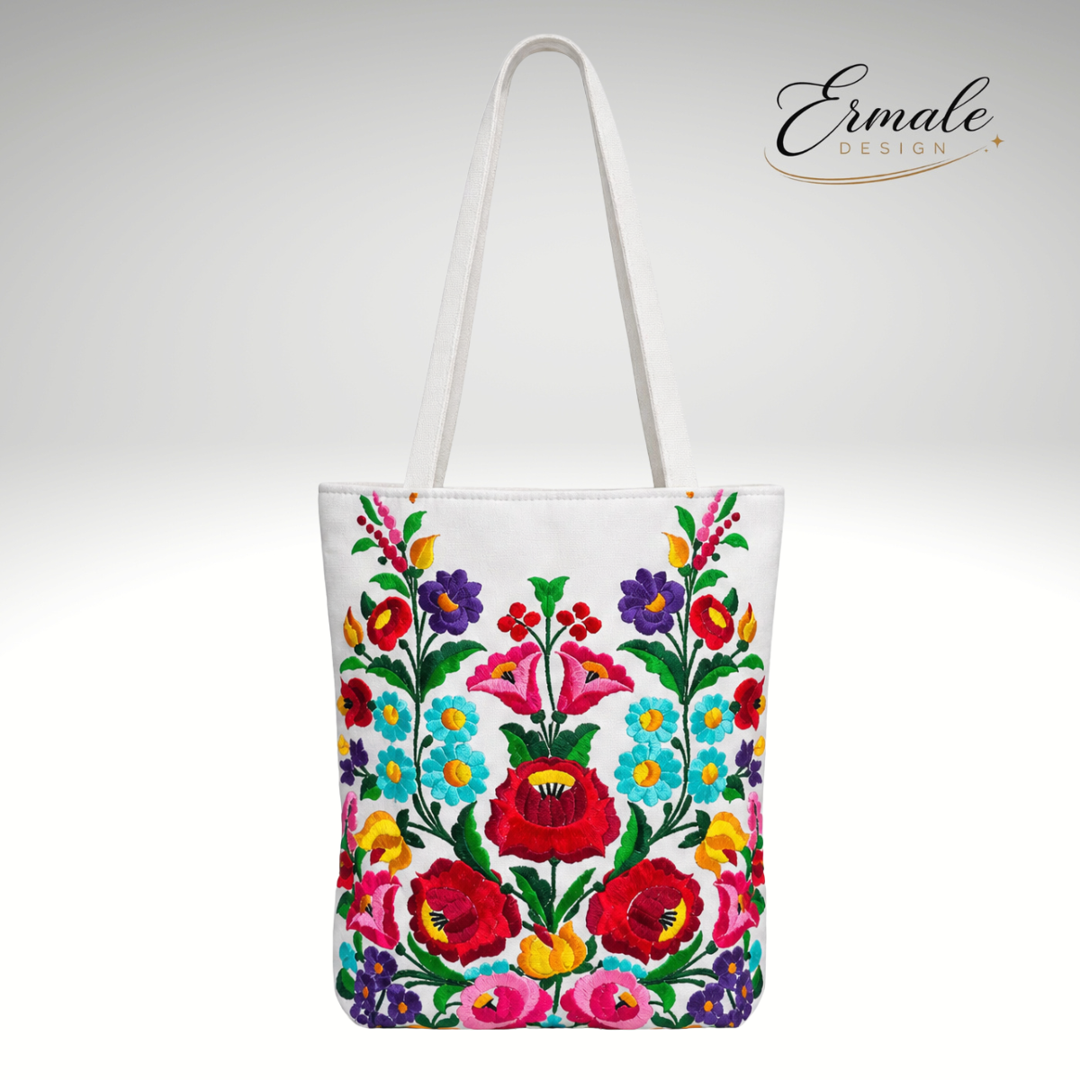 Ermale Design – Handtasche mit Blumen-Stickerei | Ungarisches Kunsthandwerk | 34×34×9 cm großblumig