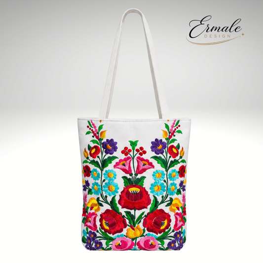 Ermale Design – Handtasche mit Blumen-Stickerei | Ungarisches Kunsthandwerk | 34×34×9 cm großblumig