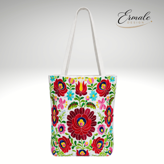 Ermale Design – Handtasche mit Blumen-Stickerei | Ungarisches Kunsthandwerk | 34×34×9 cm mittelblumig