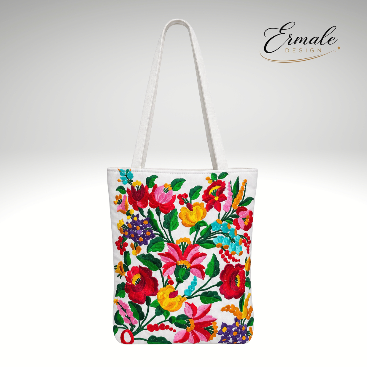 Ermale Design – Handtasche mit Blumen-Stickerei | Ungarisches Kunsthandwerk | 34×34×9 cm kleinblumig